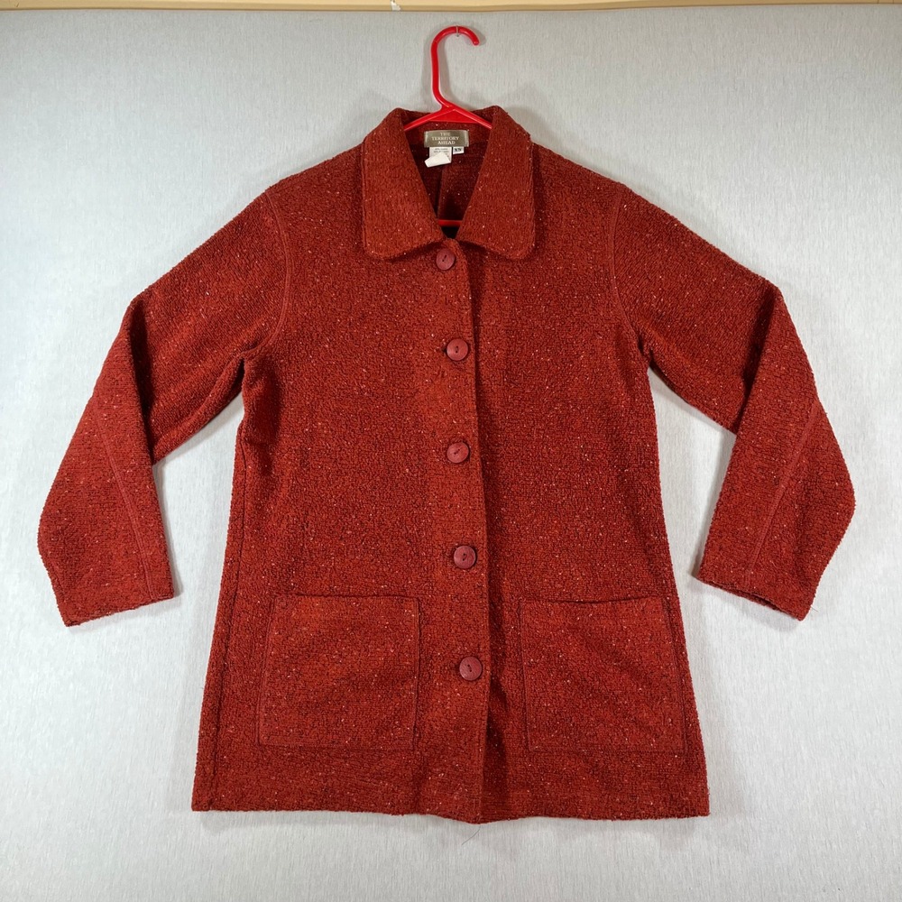 Vintage Territory Ahead Jacket Women XS Rust Orange Boucle Knit Button Front USA